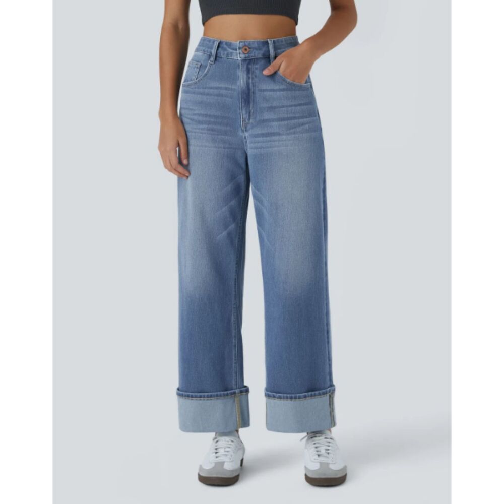 Halara Flex High Waisted Rolled Cuff Wide Leg Stretch Jeans Medium Wash Sz L
